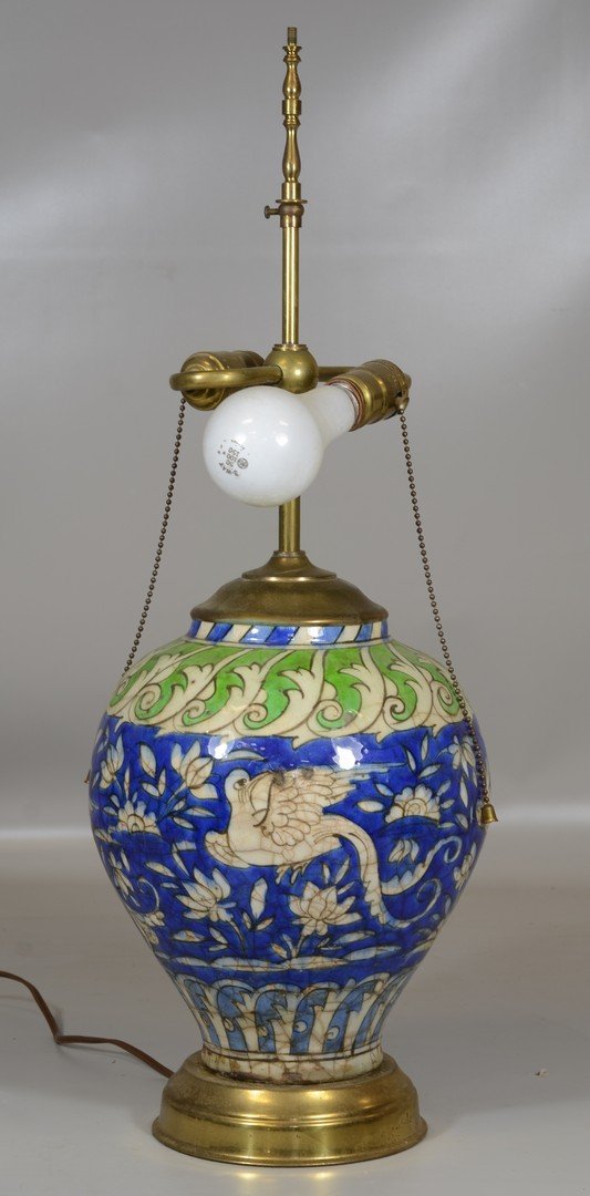 Persian Faience vase, mounted as lamp, overall 26" high: Persian Faience vase, mounted as lamp, overall 26" high