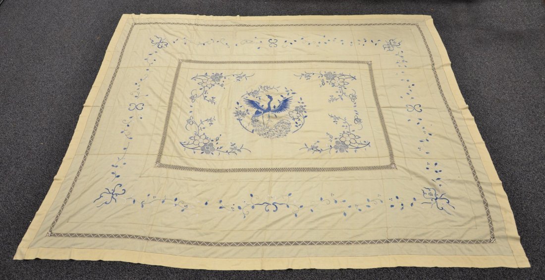 Chinese embroidered silk altar cloth, cream color with: Chinese embroidered silk altar cloth, cream color with shades of blue embroidery, phoenix in center, approx 100" x 84", minor damage