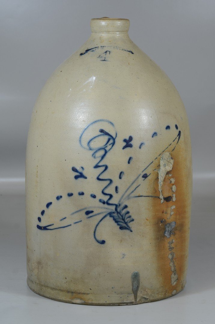 Four gallon blue decorated crock, signed "Roberts",: Four gallon blue decorated crock, signed "Roberts", Binghamton NY, 17 1/2" high, hairline and damage to side of crock