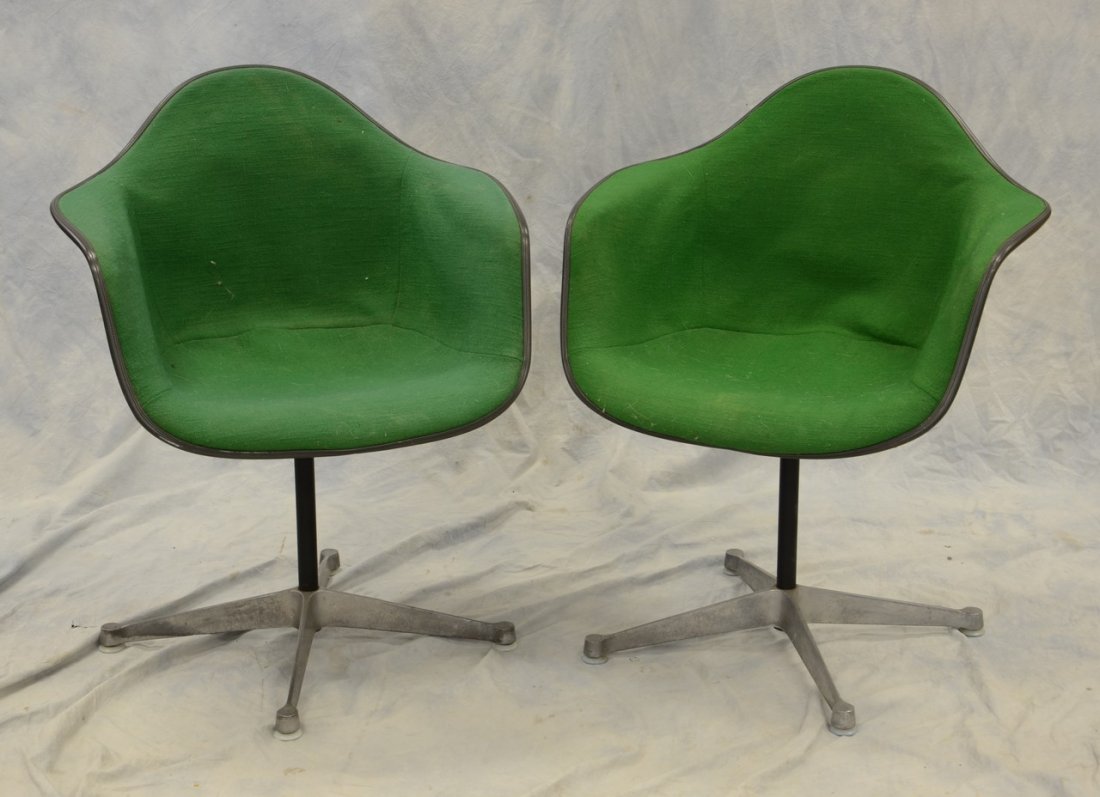 Pair of Herman Miller bucket swivel chairs with green: Pair of Herman Miller bucket swivel chairs with green upholstery, 32" high
