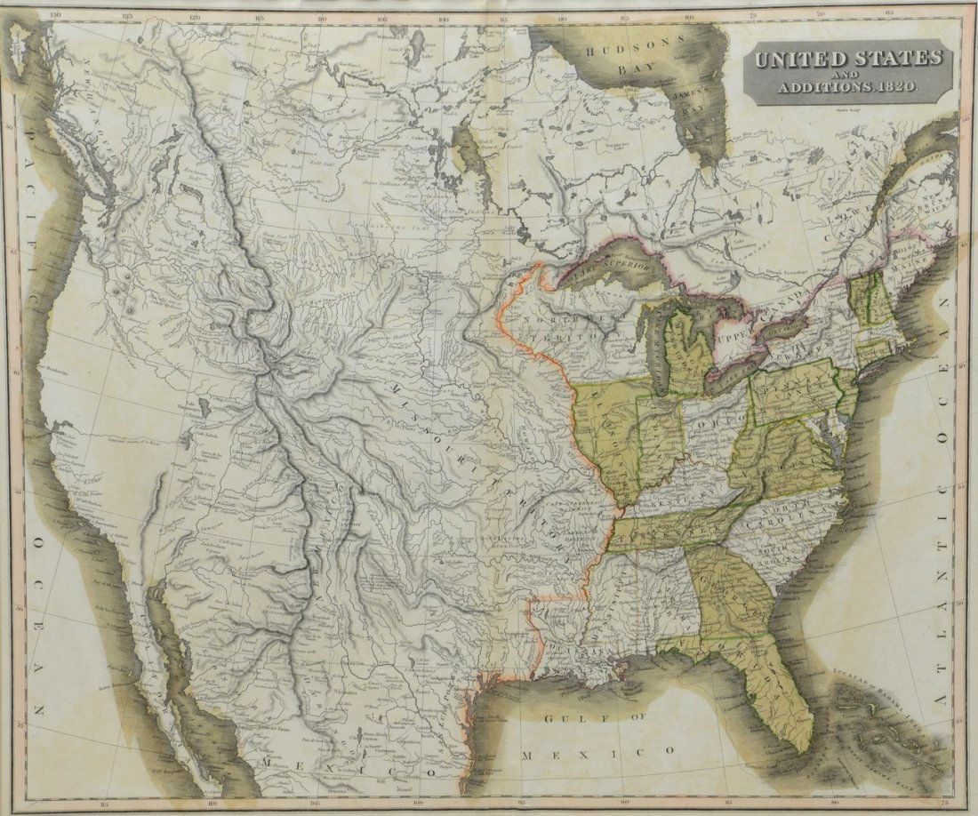 John Thomson Map: "United States and Additions, 1820",: John Thomson Map: "United States and Additions, 1820", hand colored engraving, from "Thomson's A New General Atlas", Edinburough, c 1821, 20 1/4" x 24" sight, 26 3/4" x 31" overall