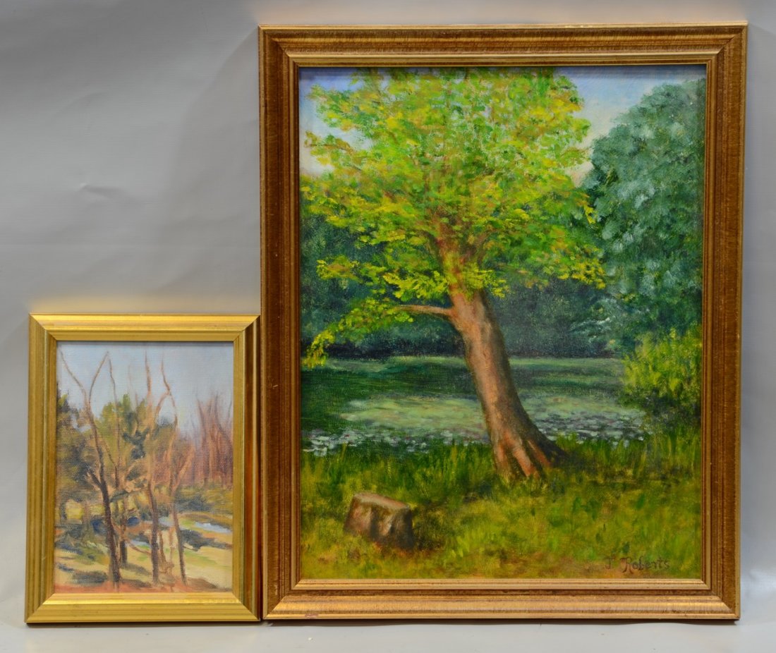 (2) 20th century: June Roberts, American, PA, 20th: (2) 20th century: June Roberts, American, PA, 20th century, oil on board, "Tornado Tree", 1997, in scribed on verso, 11" x 14" ; Lucinda Durham, American, 20th century, oil on canvas, Landscape, 5" x 