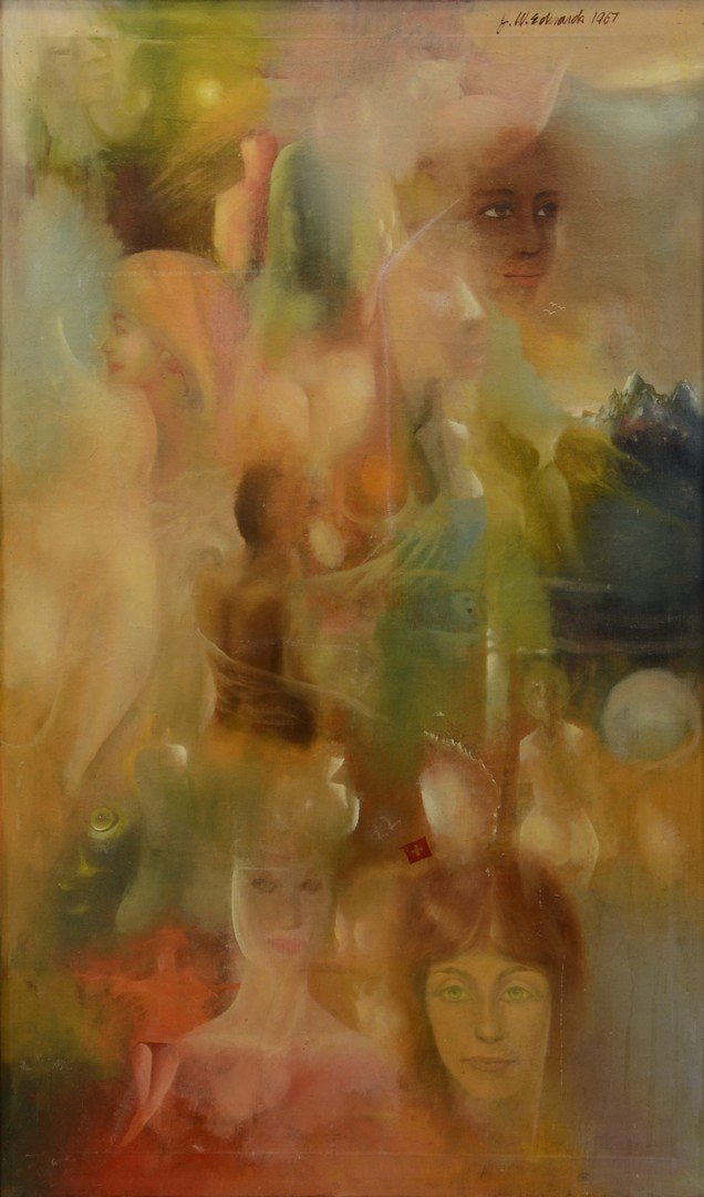 James Wilson Edwards, American, 20th century, oil on: James Wilson Edwards, American, 20th century, oil on canvas, Ethereal faces, signed and dated 1967 upper right, 41" x 25 1/2" overall, Edwards, an African artist, was a veteran of World War II. He stu