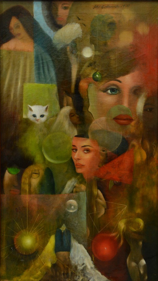 James Wilson Edwards, American, 20th century, oil on: James Wilson Edwards, American, 20th century, oil on canvas, Fantasies, signed and dated 1970 upper center, 33 1/4" x 19 1/2" overall, Edwards, an African artist, was a veteran of World War II. He stu