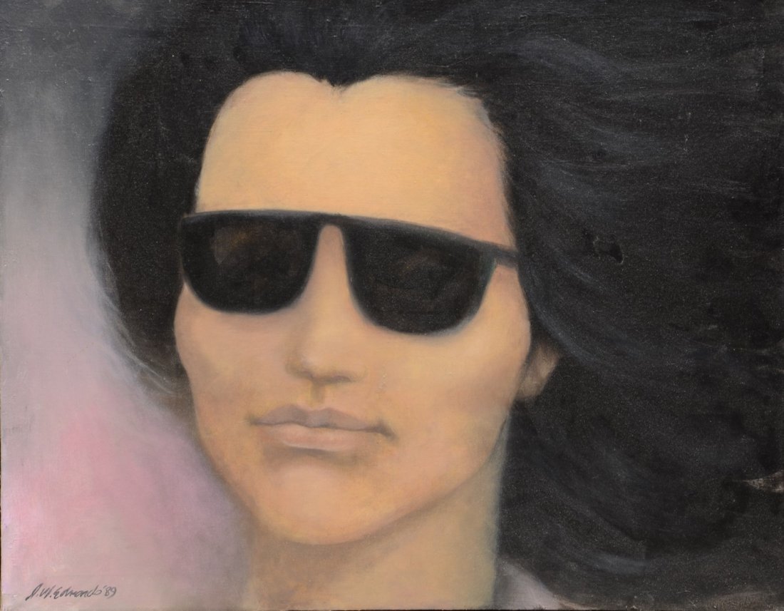 James Wilson Edwards, American, 20th century, oil on: James Wilson Edwards, American, 20th century, oil on canvas, Portrait of Woman with Sunglasses, signed and dated '89 lower right, 24 1/2" x 30 1/2" overall, Edwards, an African artist, was a veteran o