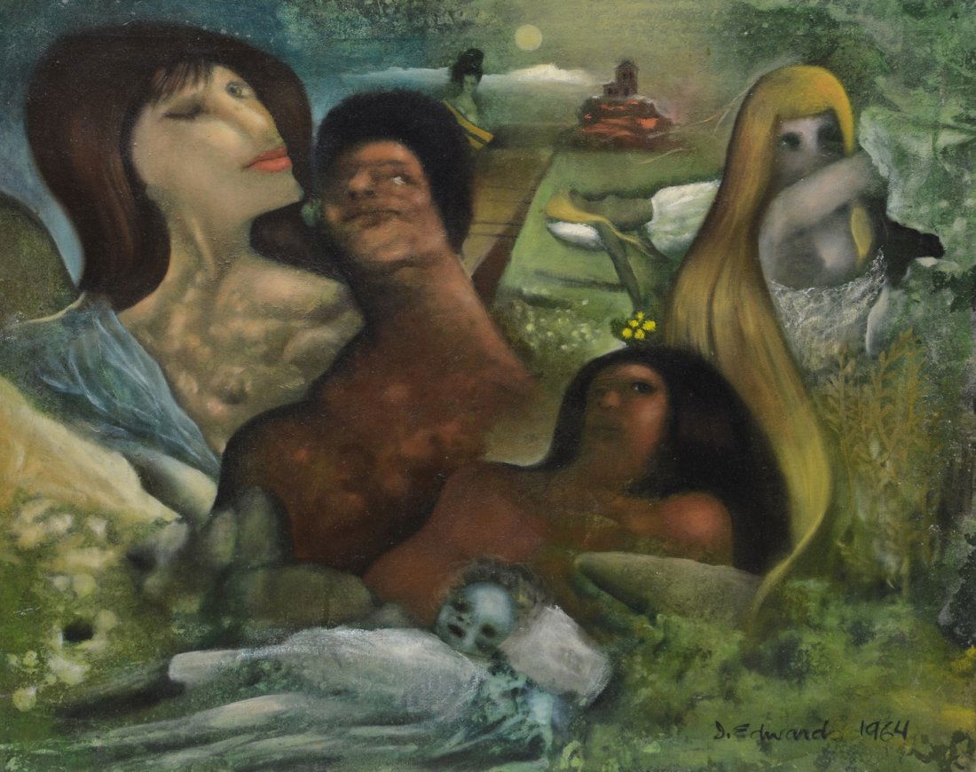 James Wilson Edwards, American, 20th century, oil on: James Wilson Edwards, American, 20th century, oil on canvas, Distorted dreams, signed and dated 1964 lower right, 24" x 30 1/4" overall, Edwards, an African artist, was a veteran of World War II. He s