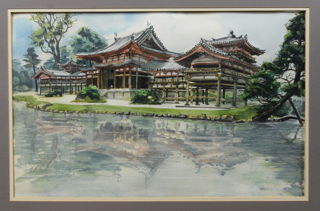Brian Williams, American, b 1950, active Japan,: Brian Williams, American, b 1950, active Japan, watercolor, Buddhist Temple reflections, signed and dated '76 center left, 18 1/4" x 29" sight, 28 3/4" x 39 1/2" overall