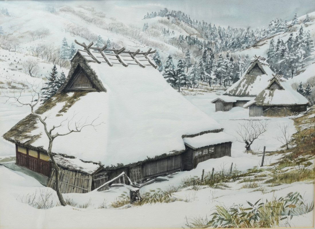 Brian Williams, American, b 1950, active Japan,: Brian Williams, American, b 1950, active Japan, watercolor, Snowy landscape with houses, signed and dated '79 lower right, 21 1/4" x 29 1/4" sight, 32 1/2" x 40" overall