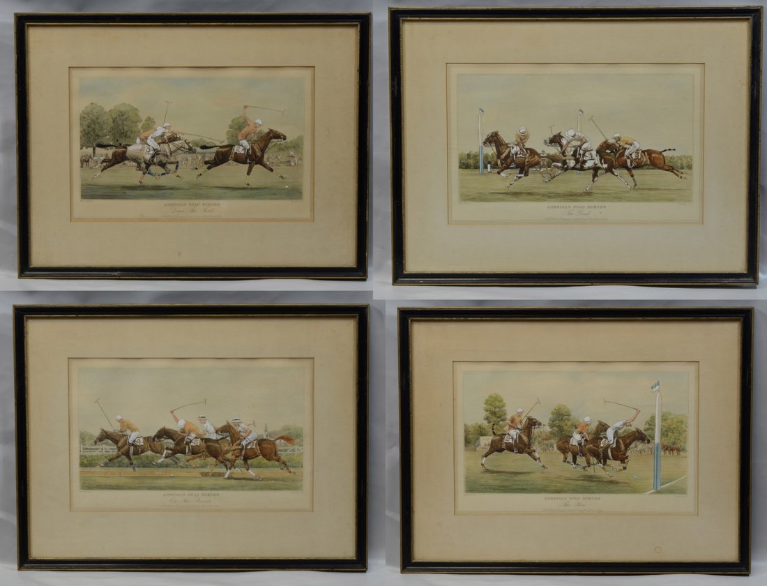 (4) Paul Brown, American, 1893-1958, hand colored: (4) Paul Brown, American, 1893-1958, hand colored aquatints, American Polo Scenes: On the Boards, The Save, Down the Field, The Goal, each pencil signed lower left, published by the Derrydale Press, N