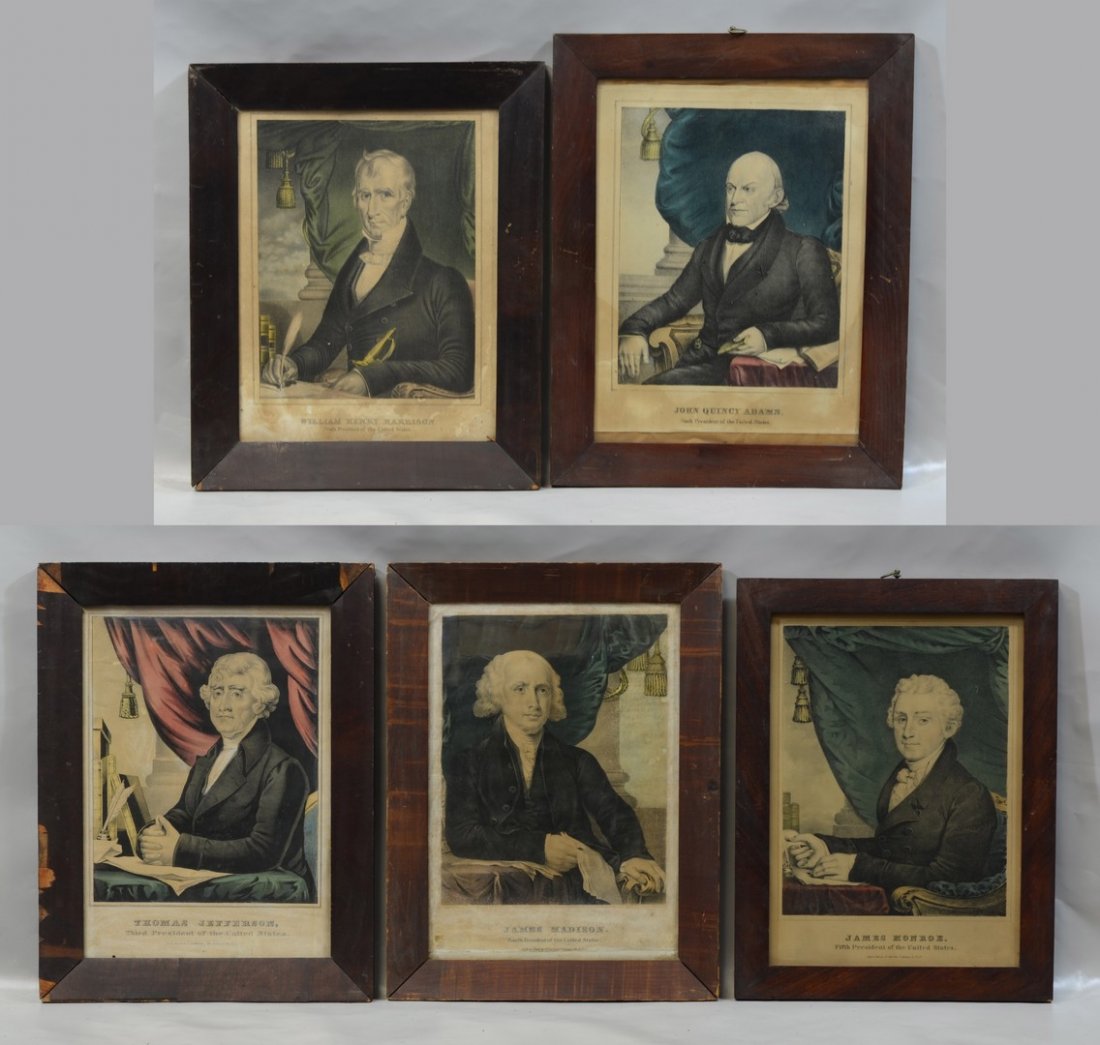 (5) Currier & Ives lithographs, The Presidents: Thomas: (5) Currier & Ives lithographs, The Presidents: Thomas Jefferson, James Madison, James Monroe, John Quincy Adams, and William Henry Harrison, each approx 13 1/2" x 9 1/2" sight, areas of discoloration