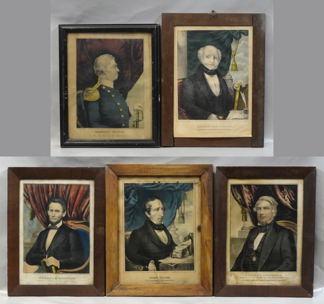 (5) Currier & Ives lithographs, The Presidents: Martin: (5) Currier & Ives lithographs, The Presidents: Martin Van Buren, John Tyler, Zachary Taylor, Millard Fillmore, Abraham Lincoln, each approx 13 1/2" x 9 1/2" sight, areas of discoloration and losses t