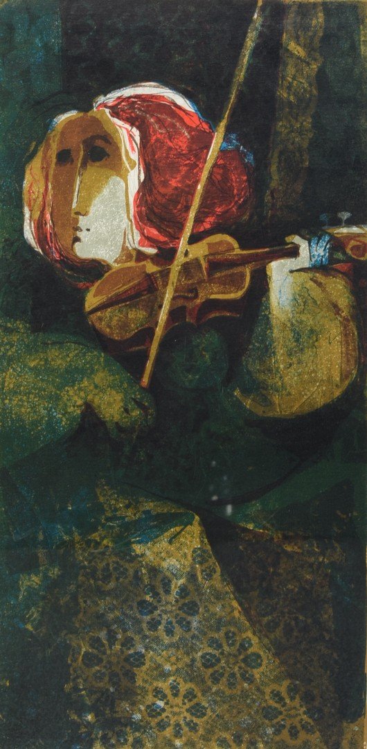 Sunol Alvar, Spanish, b 1935, lithograph, Violin: Sunol Alvar, Spanish, b 1935, lithograph, Violin player, pencil signed lower right, edition 22/260, 26 1/4" x 13" sight, 32 1/2" x 19" overall