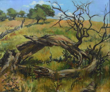 Ariane Beigneux, American, 1918-2011, oil on board,: Ariane Beigneux, American, 1918-2011, oil on board, Tree Limbs in Landscape, 21 3/4" x 26" sight, 29 1/4" x 33 1/2"