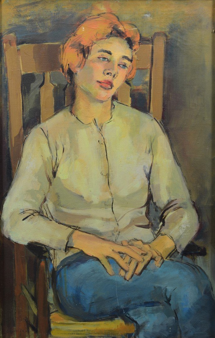 Corinne Falini, American, PA, 20th Century, oil on: Corinne Falini, American, PA, 20th Century, oil on canvas, "Betsy", 1955 Exhibition of Paintings by the Regional Council of Community Art Centers (Philadelphia)" tag on verso