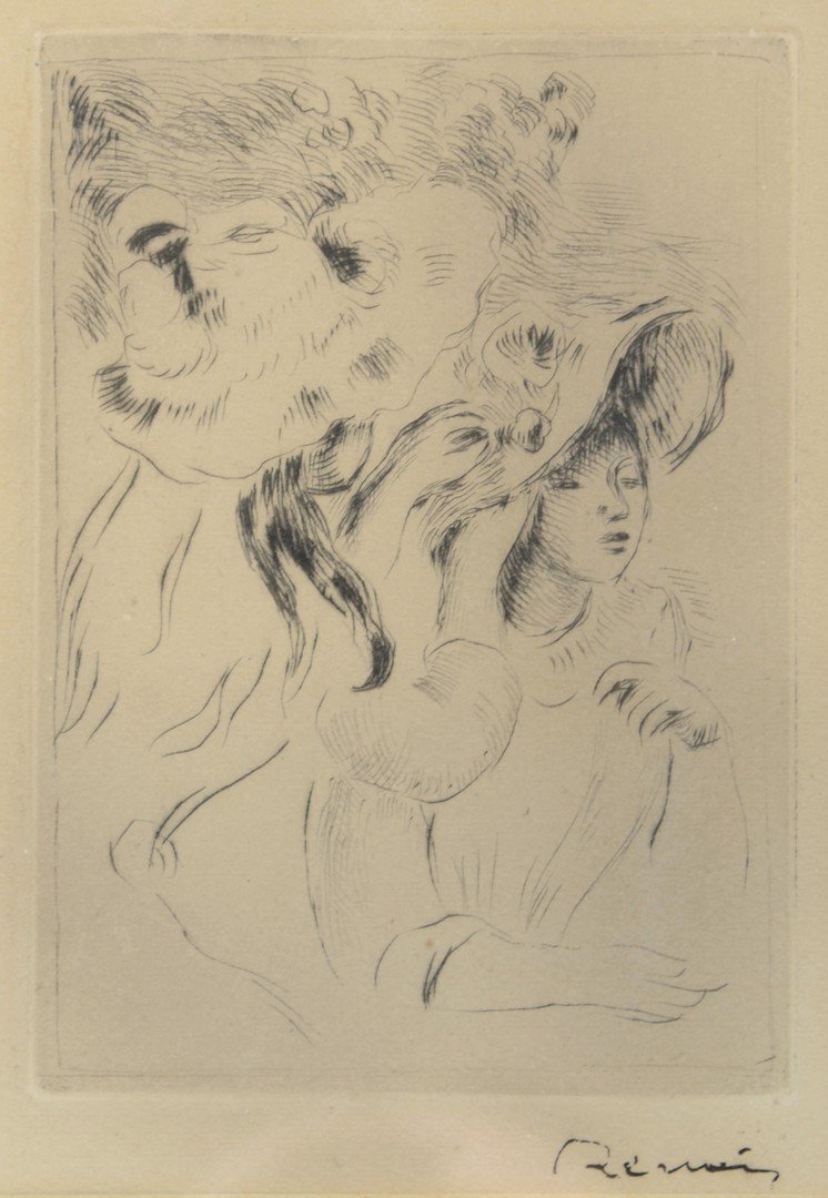 After Pierre Auguste Renoir, French, 1841-1919,: After Pierre Auguste Renoir, French, 1841-1919, etching, "Le Chapeau Épinglé" (La fille de Berthe Morisot et sa cousine), possibly the second version (of three), signature stamped lower right, 5" x