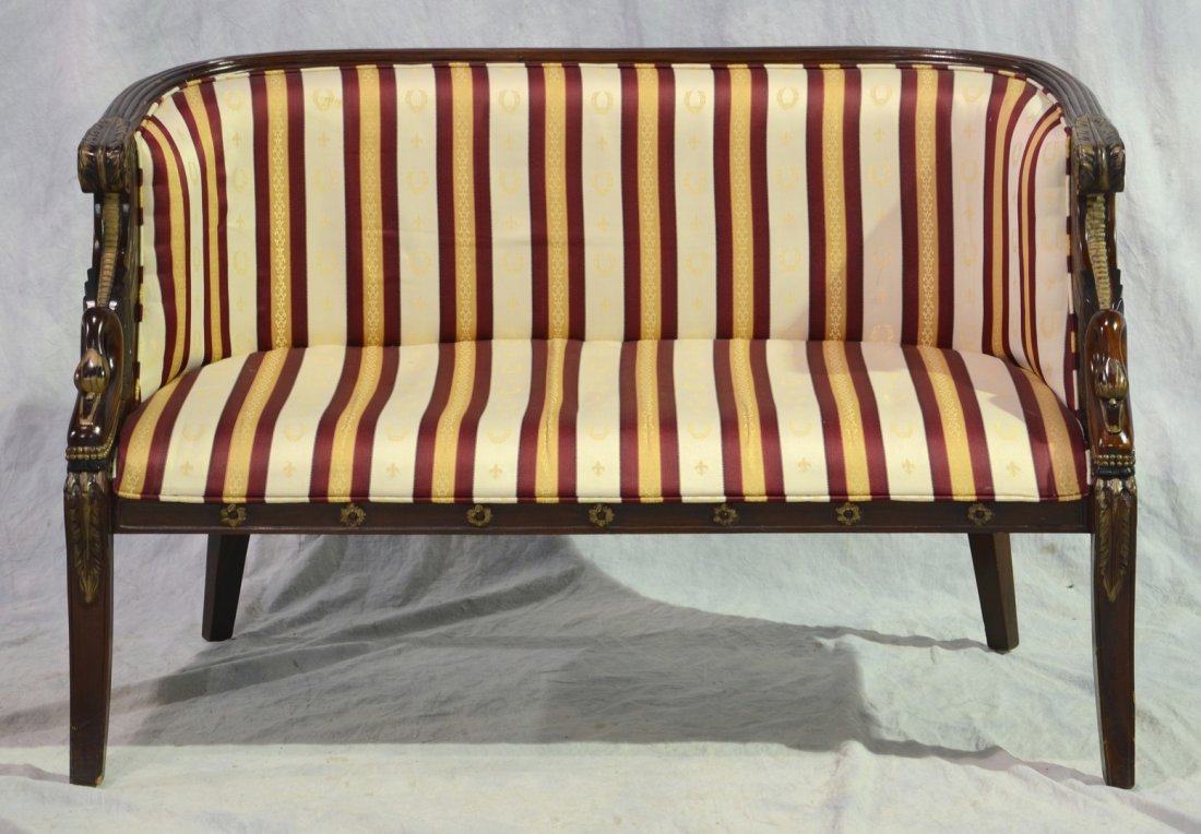 French Empire Style Parcel Gilt Settee, 20th c, Striped: French Empire Style Parcel Gilt Settee, 20th c, Striped Upholstered Back and Seat, Height: 33", Width: 50"
