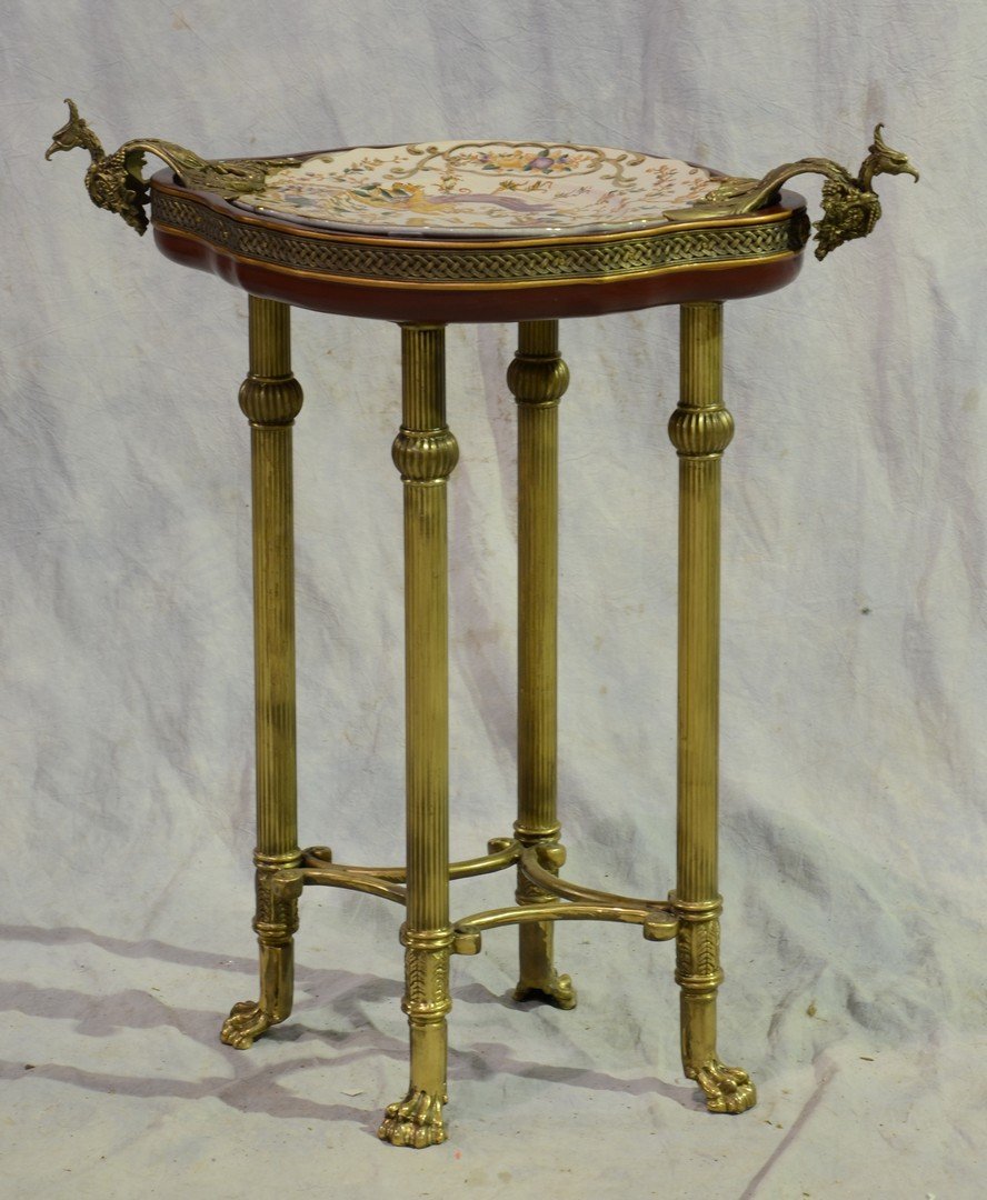 Louis XV Style Dish Top Side Table, 20th C, With Gilt: Louis XV Style Dish Top Side Table, 20th C, With Gilt Metal Mounts, Fluted Legs and Paw Feet, 29" h x 26" w