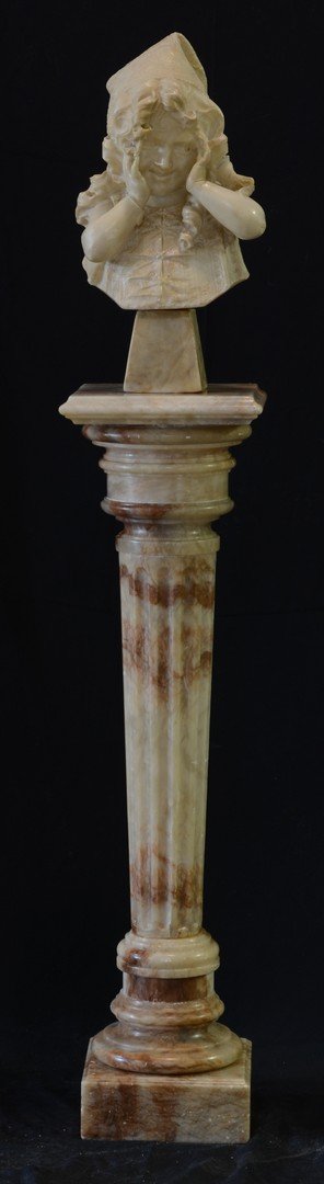 E Faischi, Italian, 19th C, Alabaster Bust of A Young: E Faischi, Italian, 19th C, Alabaster Bust of A Young Girl, 19th c, Artist Signed To Reverse of Sculpture, 22" h, along with a brown marble pedestal, 46" h