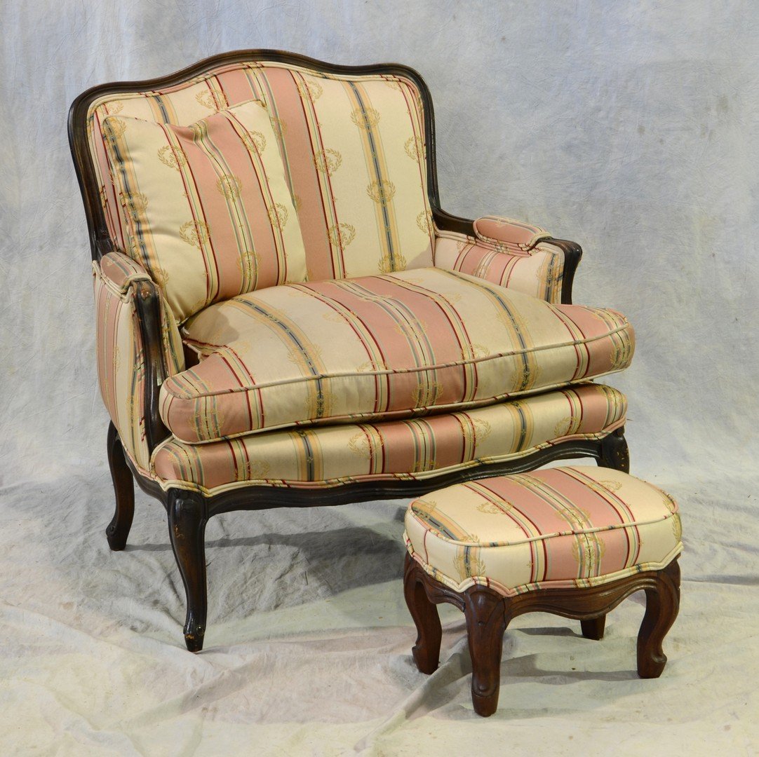 Louis XV Style Walnut Bergères, 20th C, Height: 33 1/2": Louis XV Style Walnut Bergères, 20th C, Height: 33 1/2", Width: 31", with matching footstool
