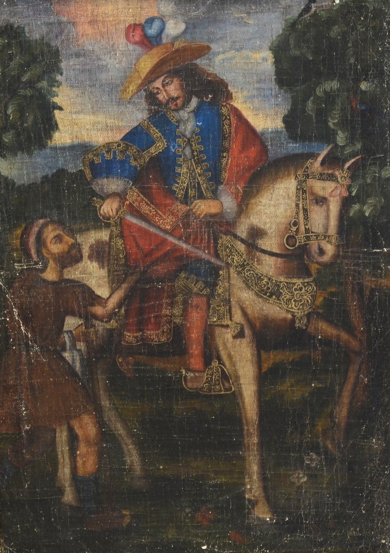 Spanish Colonial School, Saint Martin of Tours parting: Spanish Colonial School, Saint Martin of Tours parting his cloak with the beggar, No Visible Signature, O/C, 26 1/2" X 18 1/2" sight, 33" X 24 3/4" overall, Allover Craquelure and Some Losses To Edges