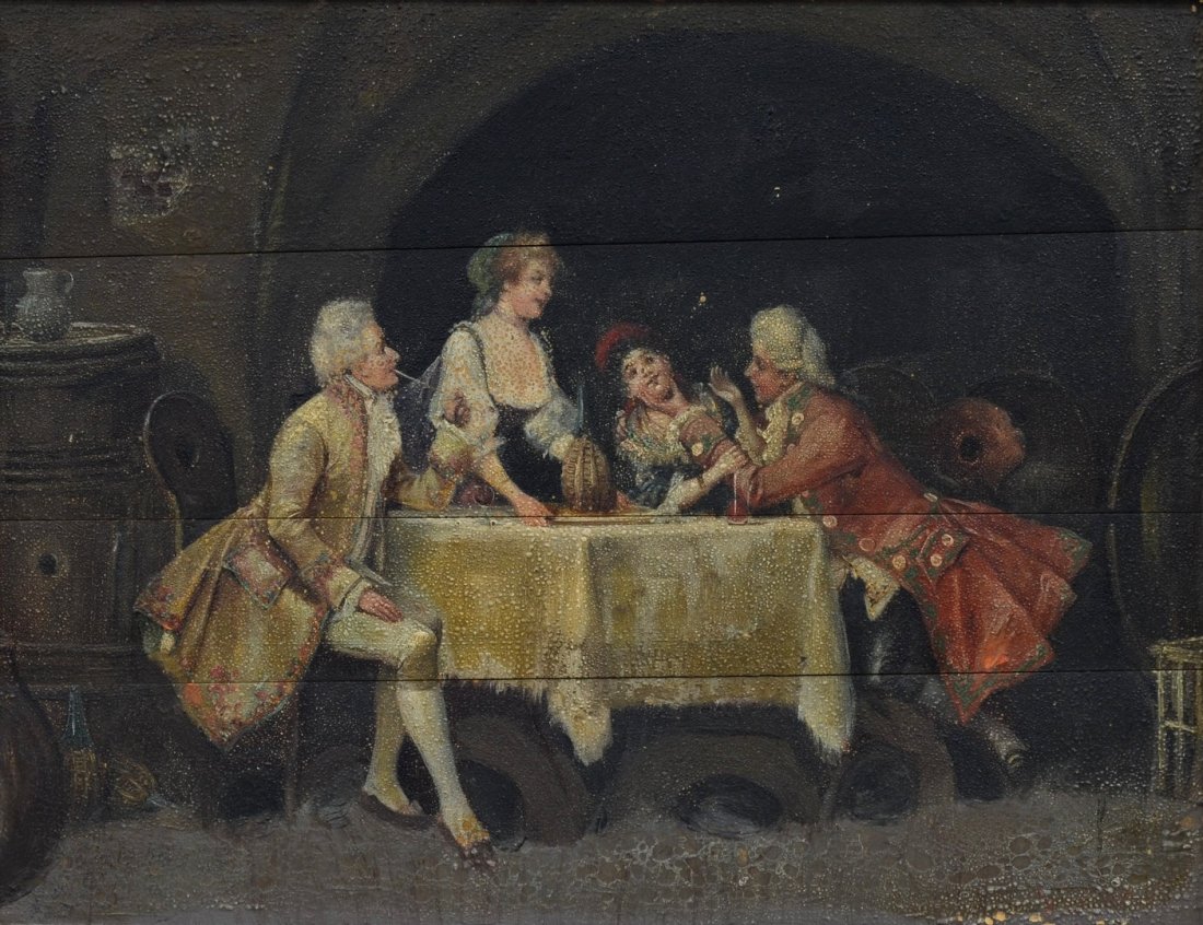 Continental School, Interior Scene With Figures, Oil On: Continental School, Interior Scene With Figures, Oil On Panel, Carved Gilt Frame, 12 1/2" X 17" sight, 24 1/2" X 28 1/2" overall, Surface Roughness