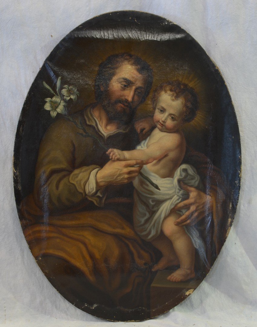 Continental School, 19th C, o/c, Saint Joseph With Baby: Continental School, 19th C, o/c, Saint Joseph With Baby Jesus, 43 1/2" X 31 3/4" overall, Some Losses To Edges