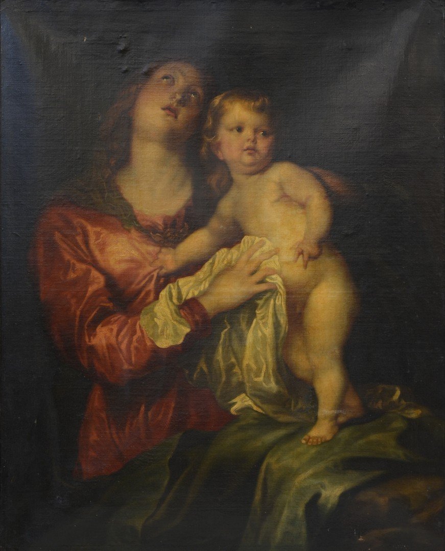 Continental School, 19th c, Madonna In Red With Jesus,: Continental School, 19th c, Madonna In Red With Jesus, O/C, 43" X 34 3/4" sight, 56" X 46 1/2" overall, Minor Losses To Canvas At Edges, In Gilt Frame With Losses and repairs