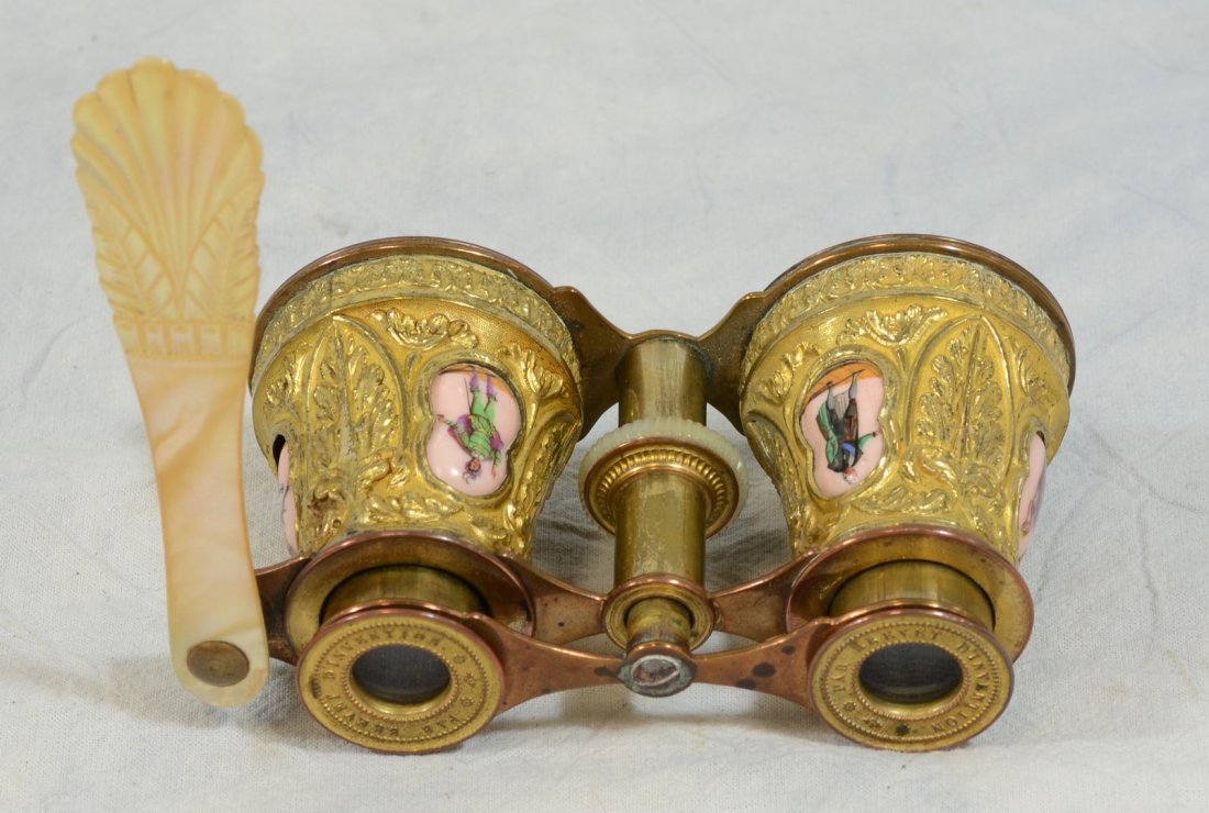 French Opera Glasses, 19th/20th c, With A Carved Mother: French Opera Glasses, 19th/20th c, With A Carved Mother of Pearl Handle and Inset Figural Painted enamel Medallions, Height: 2 1/2"