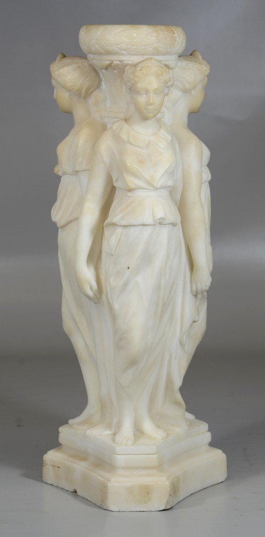Carved Alabaster compote base, Late 19th C, Three Grace: Carved Alabaster compote base, Late 19th C, Modeled As the Three Graces, Height: 19"