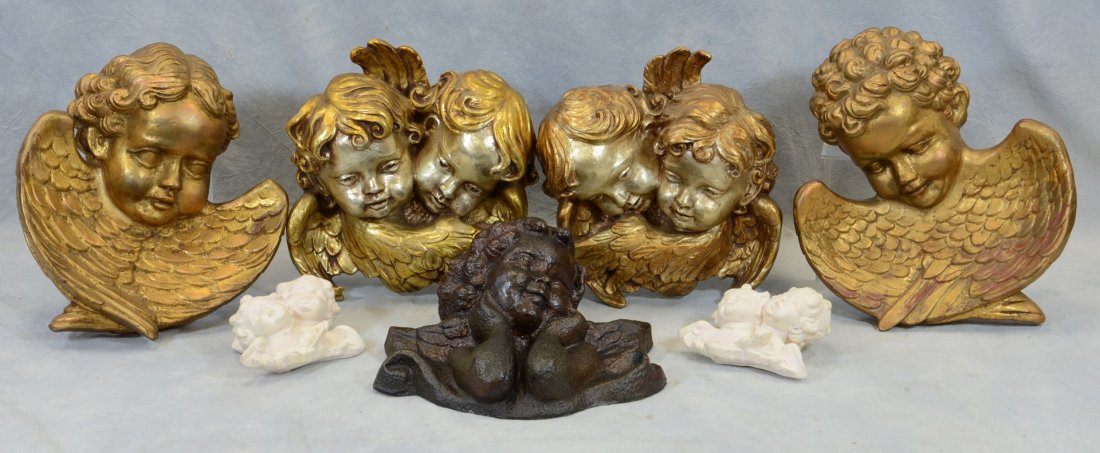 3 Pr Plus One Putto Head Wall Hanging, 3 Pottery, 2: 3 Pr Plus One Putto Head Wall Hanging, 3 Pottery, 2 Wood, 2 Plaster, One Pottery Wing repaired, Largest 14" H