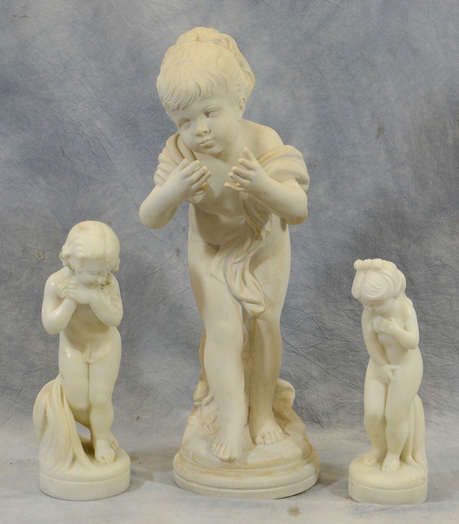 (2) Carved Alabaster Child Figures, With A Cast Marble: (2) Carved Alabaster Child Figures, With A Cast Marble Figure of A Youth, 20th C, tallest 21"