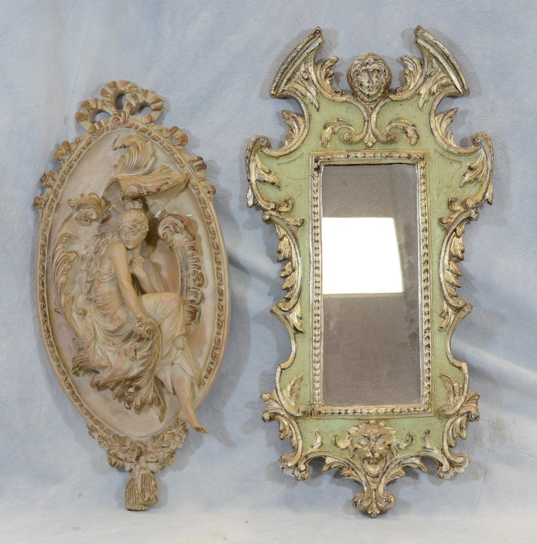 Painted Venetian Style Carved Wood Wall Mirror With: Painted Venetian Style Carved Wood Wall Mirror With Lady Head Crest, 26" H, and A Plaster Lady Figural Plaque, 23" H, One Toe Damaged, Both 20th c