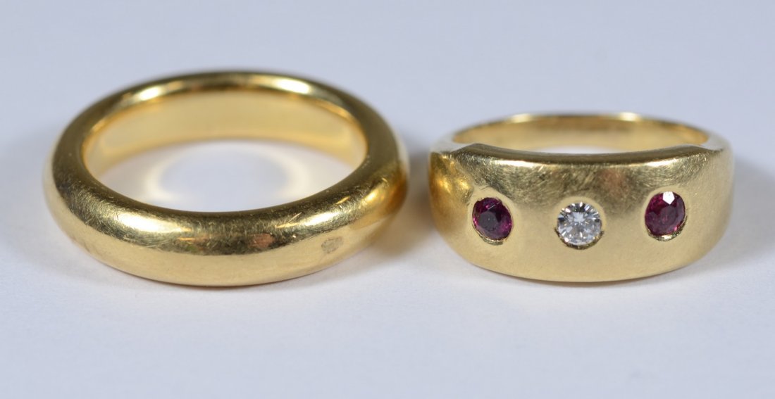 18K YG wedding band, size 4 1/2, 4.8 dwt, 14K YG band: 18K YG wedding band, size 4 1/2, 4.8 dwt, 14K YG band with small diamond and 2 red stones, size, 3, 2.9 dwt