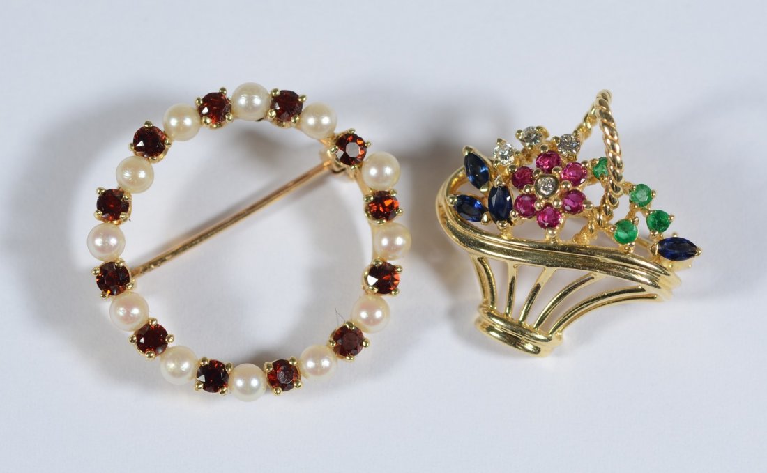 (2) 14K YG pins, circle pin w/pearls/red stones, 1" d,: (2) 14K YG pins, circle pin w/pearls/red stones, 1" d, basket with small diamonds, blue, red, green stones, 7/8", 4.8 dwt