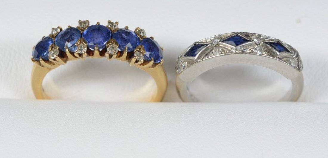 (2) 14K WG rings, each with small diamonds and blue: (2) 14K WG rings, each with small diamonds and blue stones, sizes 3 3/4 & 5 1/4, 3.0 dwt total weight
