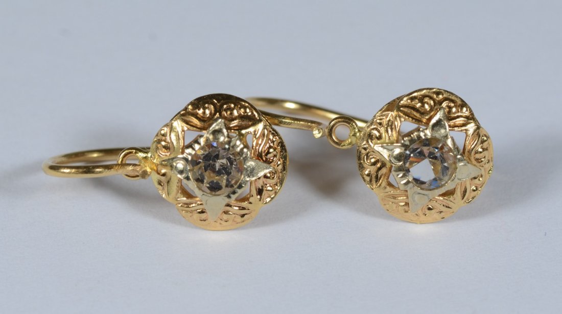 Pr 18K YG earrings, each set with a clear stone, 1.9: Pr 18K YG earrings, each set with a clear stone, 1.9 dwt, about 7/8" h