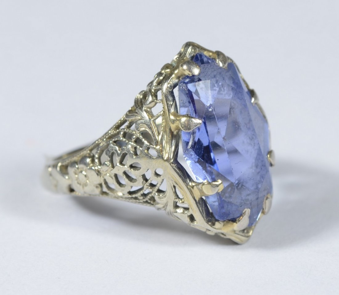 18K WG filigree ring with oval pale blue stone, about: 18K WG filigree ring with oval pale blue stone, about 14 mm x 10 mm, size 3 3/4, 2.1 dwt