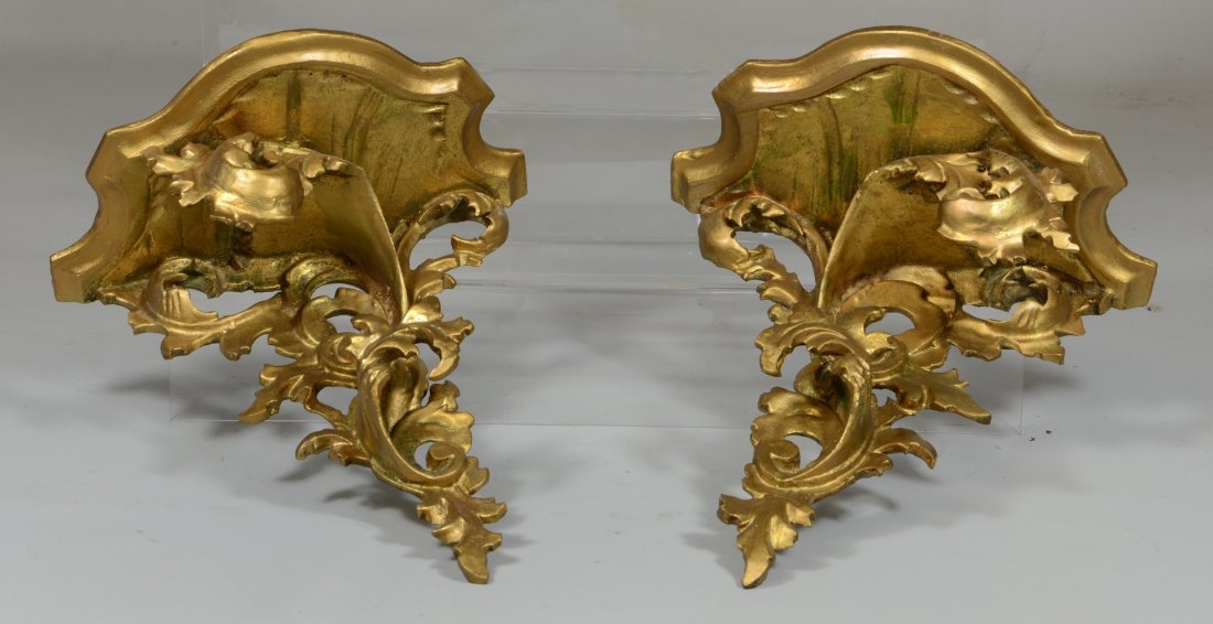 Pair of Italian carved and gilt wood wall brackets, 10": Pair of Italian carved and gilt wood wall brackets, 10" w, 11" h, 5-7/8" deep