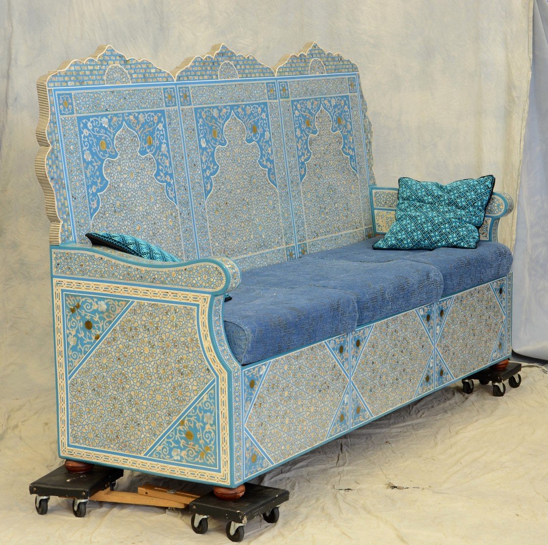 Persian Middle Eastern Islamic design 3-seat sofa,: Persian Middle Eastern Islamic design 3-seat sofa, mother-of-pearl inlaid, 80" w