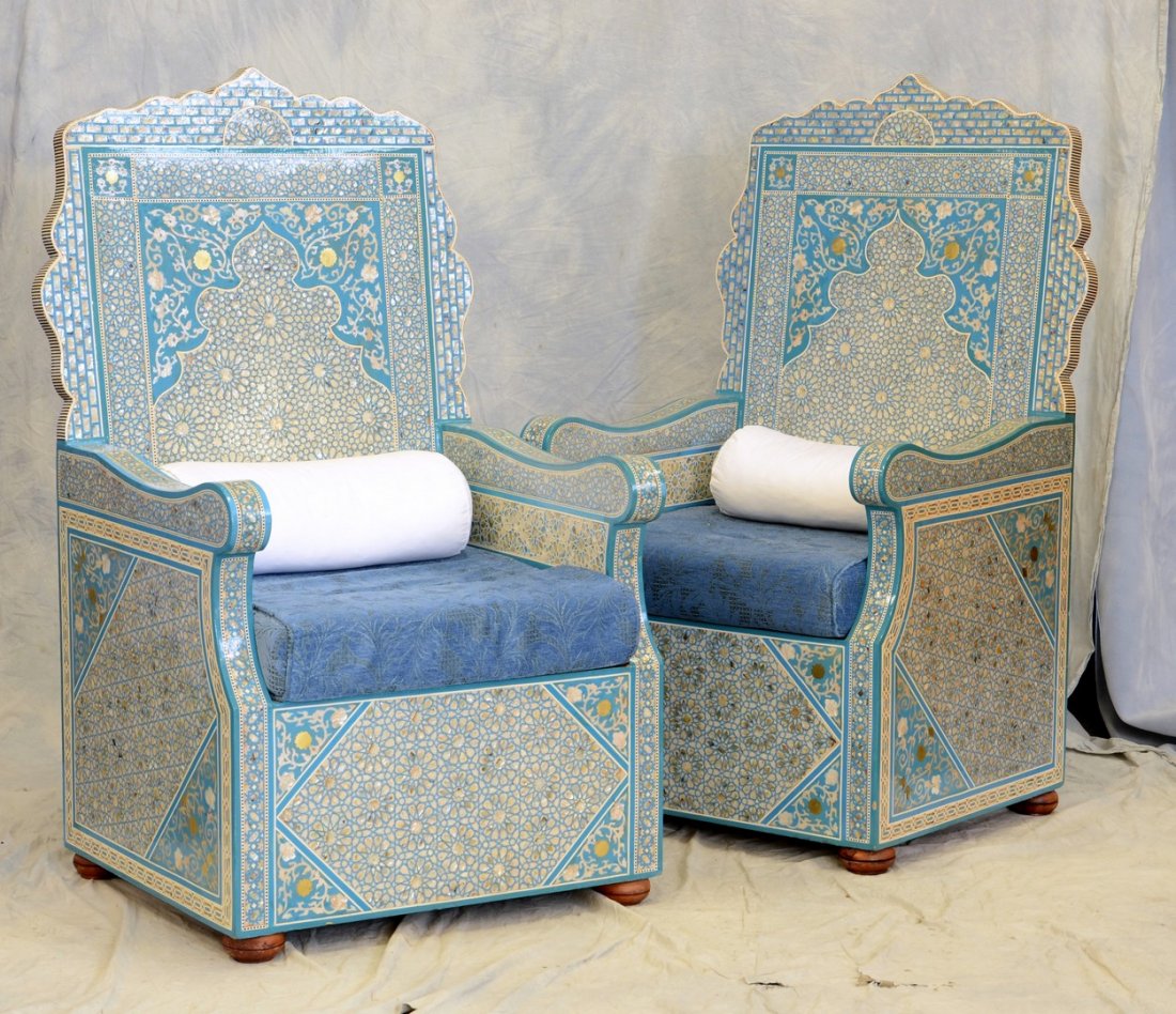 2 Persian Middle Eastern Islamic design armchairs,: 2 Persian Middle Eastern Islamic design armchairs, mother-of-pearl inlaid, 53" h