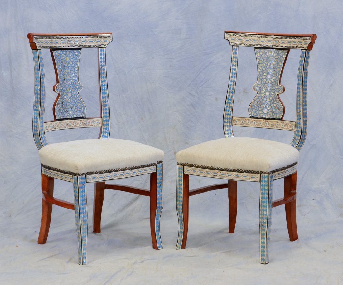 2 Persian Middle Eastern Islamic design side chairs,: 2 Persian Middle Eastern Islamic design side chairs, mother-of-pearl inlaid, 39 1/2" h