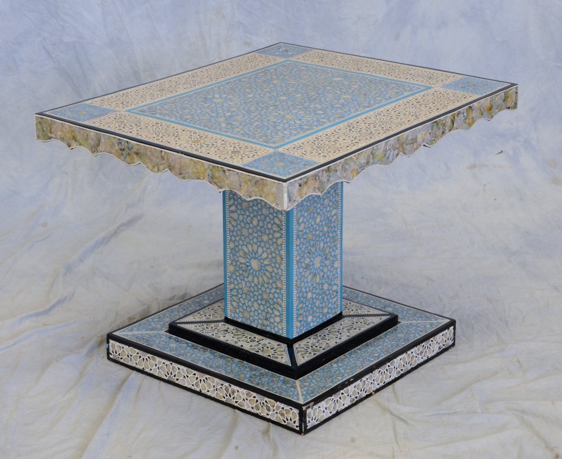 Persian Middle Eastern Islamic design lamp table,: Persian Middle Eastern Islamic design lamp table, mother-of-pearl inlaid, 24" x 28 1/2"
