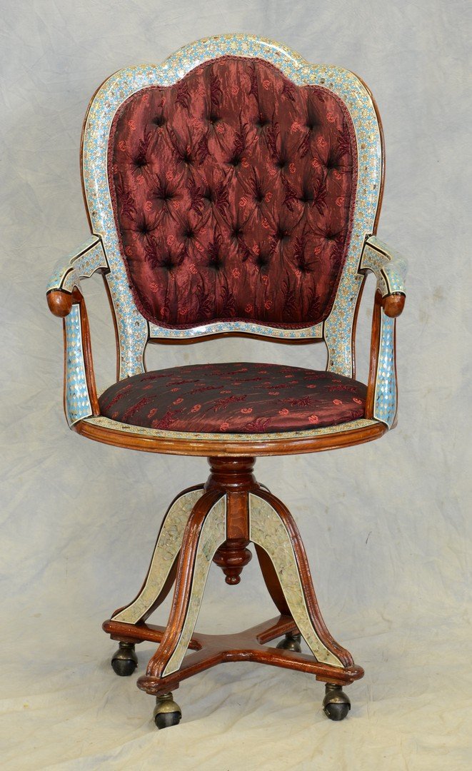 Persian Middle Eastern Islamic design swivel base: Persian Middle Eastern Islamic design swivel base office armchair, mother-of-pearl inlaid, burgundy tufted upholstery, 49" h