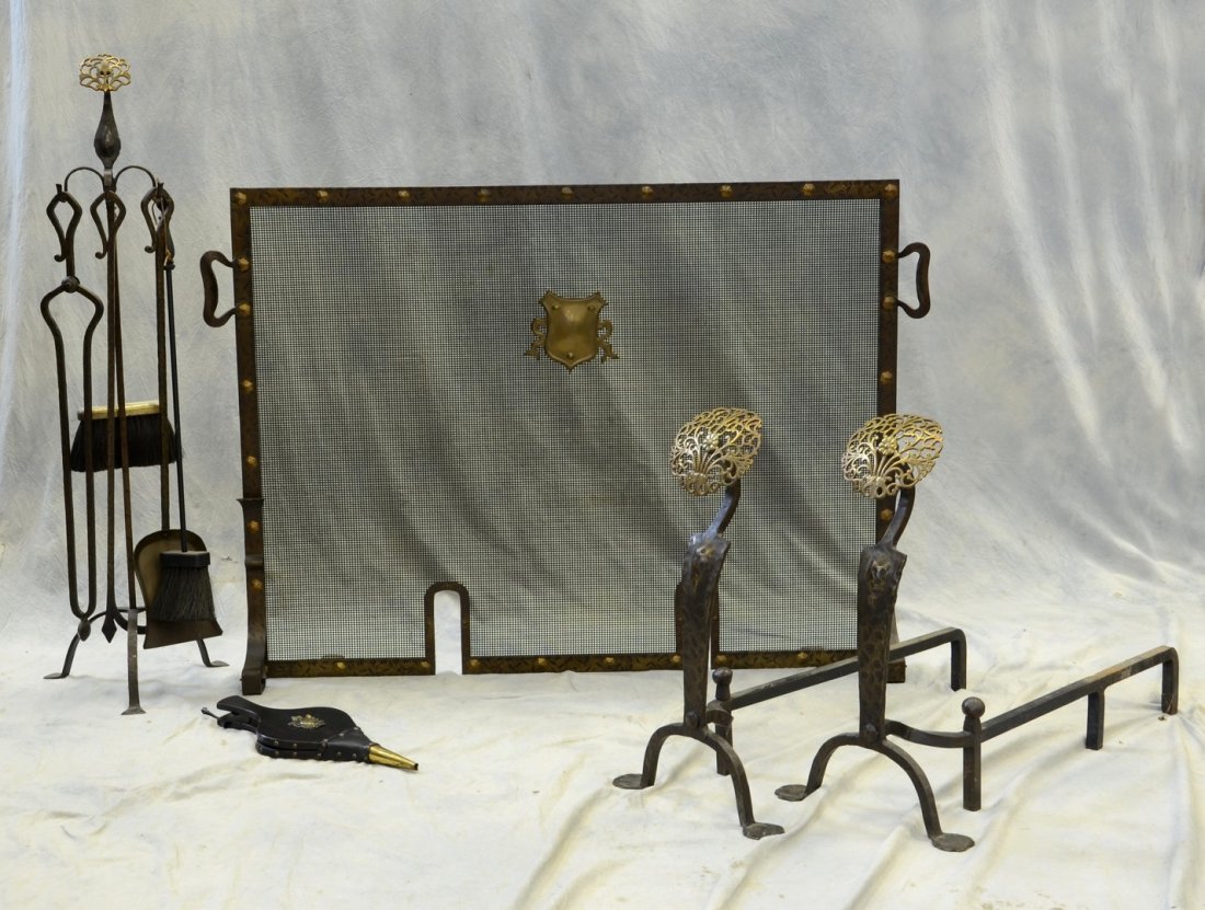 Brass & iron fireplace set including pair of andirons: Brass & iron fireplace set including pair of andirons marked "841" with pad foot & ornate brass tops, 22" h, custom fire screen with brass shield decoration, 47 1/2" w x 33 1/4" h, custom tool stand w
