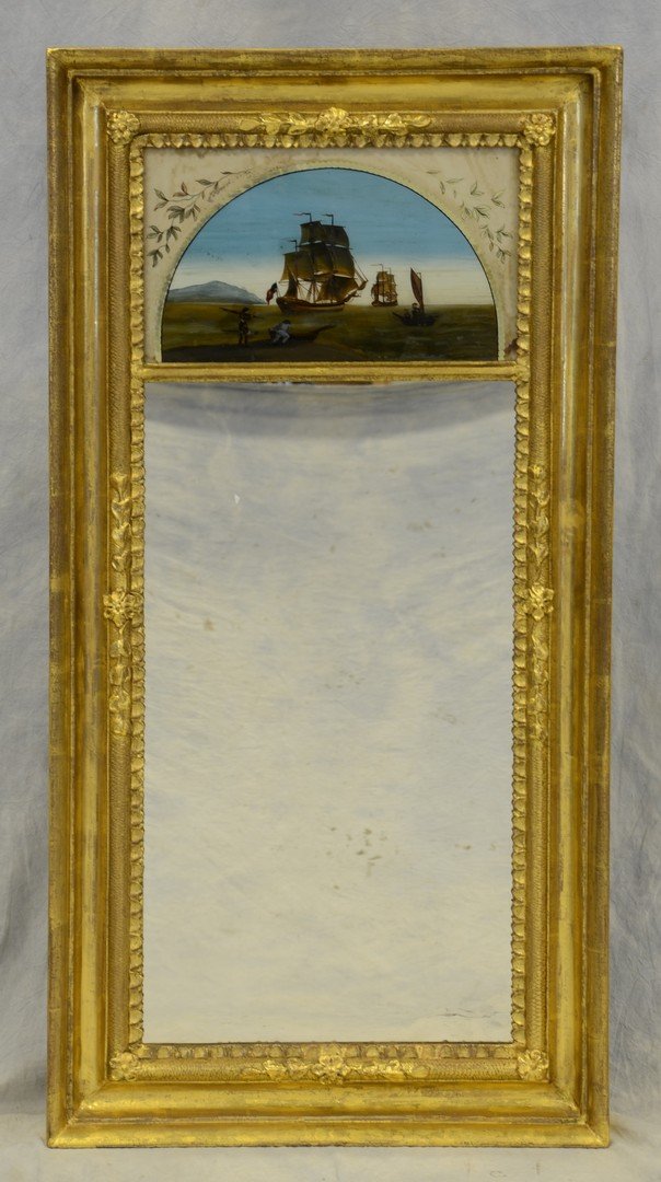 Gilt Federal 2-part wall mirror with egliomaise panel: Gilt Federal 2-part wall mirror with egliomaise panel depicting sailing ships with US flags, gold leaf frame appears to have first Surface, poplar back boards, 41" x 21", American, c 1820-50
