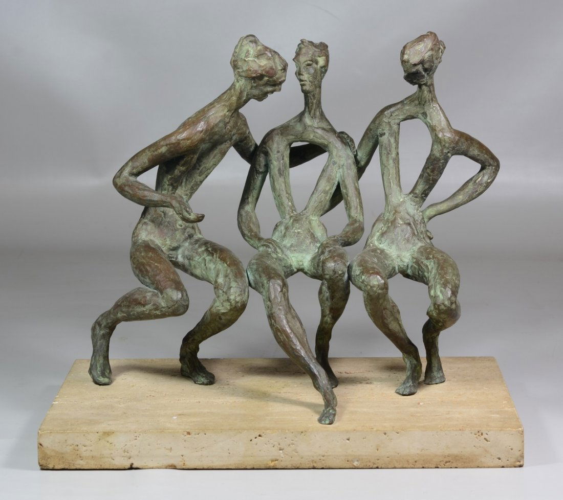 Contemporary Bronze Sculpture of Three Figures, on: Contemporary Bronze Sculpture of Three Figures, on travertine base, unsigned, 12 1/4" high, 15" wide overall