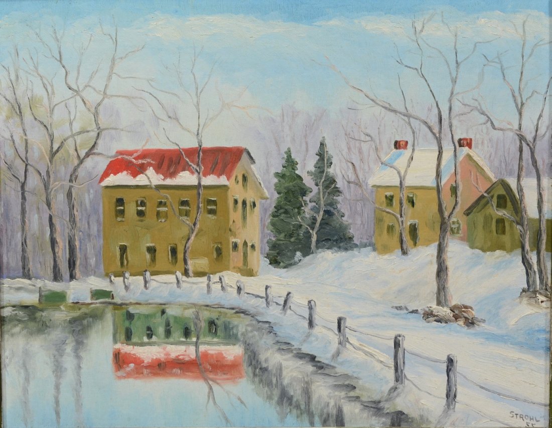 Clifford Strohl (American, PA, b 1893), oil on board,: Clifford Strohl (American, PA, b 1893), oil on board, Houses in the Snow, signed and dated '55 lower right, 15 1/2" x 19 1/2" sight, 21 1/2" x 25 1/2" overall