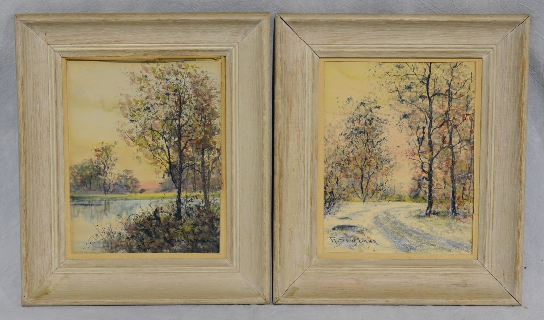 (2) Raphael Senseman (American, 1870-1965), watercolor,: (2) Raphael Senseman (American, 1870-1965), watercolor, Spring and Winter Landscapes, each signed, 9" x 7" sight, 13 1/2" x 11 1/2" overall