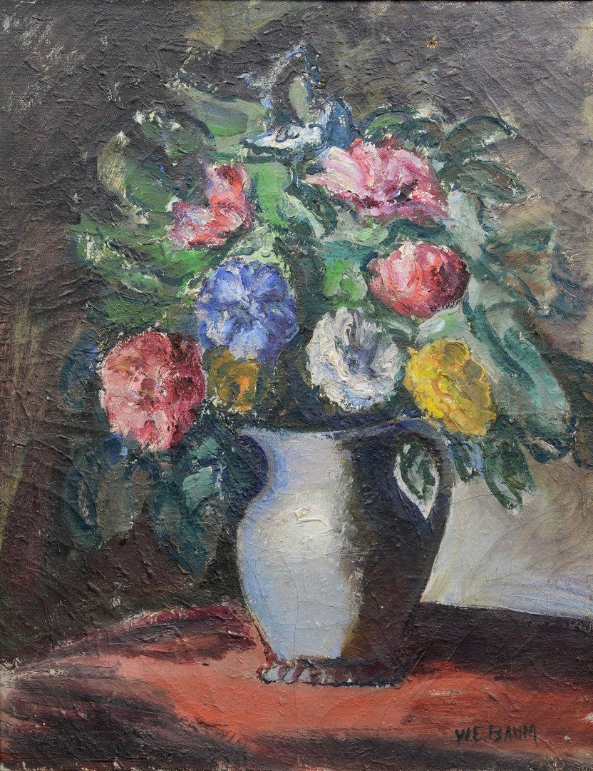 Walter Emerson Baum (American, PA, 1884-1956), oil on: Walter Emerson Baum (American, PA, 1884-1956), oil on canvas, Floral Still Life, signed lower right, 26 1/2" x 20 1/2" sight, 30 3/4" x 24 1/2" overall, allover craquelure