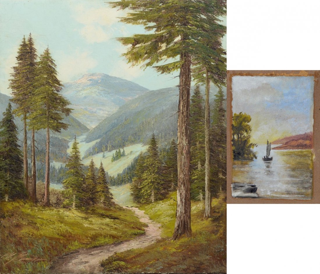 (2) American School, 20th Century landscapes:: (2) American School, 20th Century landscapes: "Colorado, Pike's Peak", oil on canvas, signed illegibly lower left, 24" x 20" overall; Boat on the Water, oil on board, 4" x 2 3/4" sight